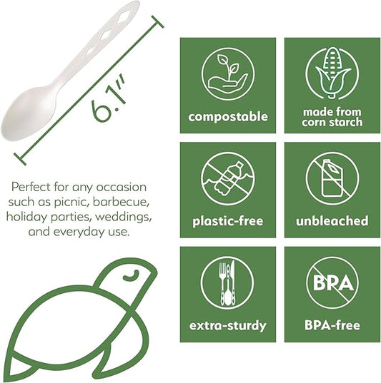100% Compostable Non Plastic Spoons [200 Pack] CPLA Disposable Spoons. Non Plastic Silverware Set. Eco-Friendly Cutlery, Off White Flatware, Extra Sturdy Utensils, by Earth's Natural Alternative