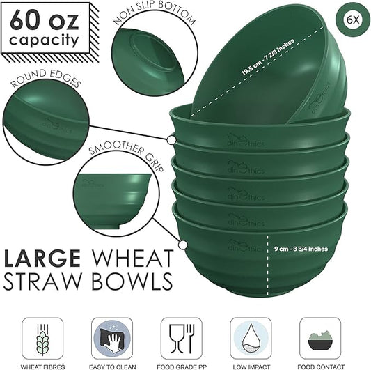 6 Wheat Straw Bowl 60 OZ - Deep Microwave Safe Bowls For Kitchen - Alternate To Large Plastic Salad Bowl Set Of 6 - PHO Bowls For Soup Cereal Salad Rice Pasta Popcorn Snack