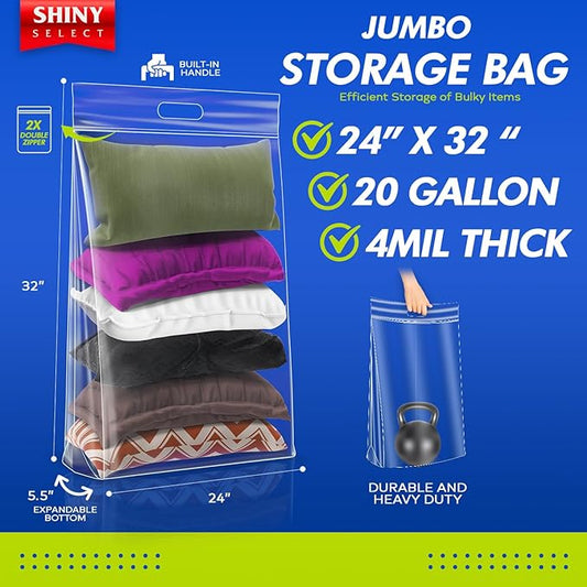 20 Gallon Jumbo Storage Bag with Handle, Resealable Zipper Top 24x32, 6 Bags - Clear Big Plastic, Extra Large XL, 4 Mil Thick Heavy Duty for Travel, Camping Gears, Pillows, Comforters…