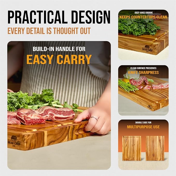 Bearchop Teak Cutting Boards for Kitchen, [24" x 18" x 1.5"] Extra Large Edge Grain Cutting Boards, Solid Teak Wood Butcher Block Cutting Board with Juice Grooves, Handle,Knife Friendly and Reversible