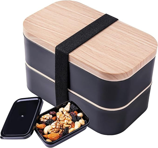 Stackable Bento Box with Utensils Microwave Safe, All-in-One Meal Prep Compartment Lunch Containers Leak Resistant Lunch Box with Sauce Container 60oz Black(without bag)