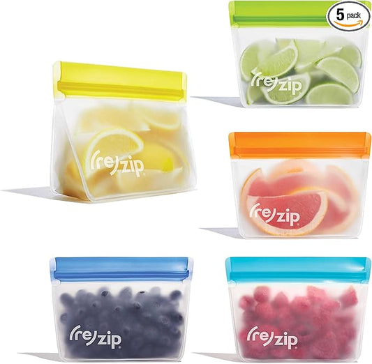 (re) zip 5-pack Stand-Up Reusable Bags | BPA-Free, Food Grade, Leakproof, Freezer and Dishwasher Safe | 5 Snack-Size Bags (1-Cup / 8-Oz) | Multicolor for Easy Organization