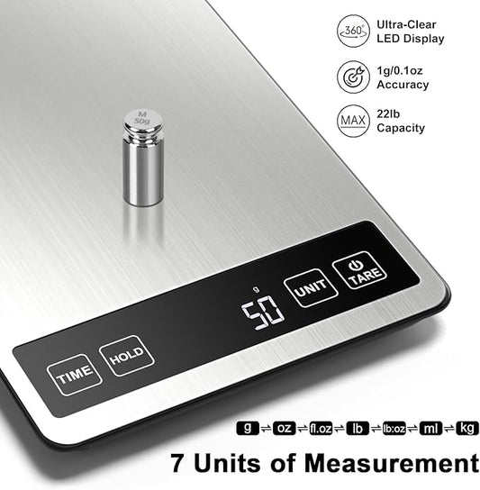 Fuzion Food Scale, 1g/0.1oz Kitchen Scale - 22lb, 7 Units, Tare & Timer Functions, Rechargeable Power, Tempered Glass & Stainless Steel - Digital Food Scale Grams and oz for Cooking, Baking