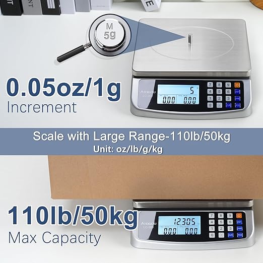 110lb/50kg Commercial Digital Kitchen Scale 0.05oz/1g with Price Computing, 304 Stainless Steel Scale, AA Battery or Plug-in Use and LCD Display for Baking, Cooking Meat, Counting Coins LC300