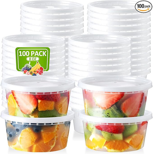 100 Set 8 oz Deli-Containers-with-Lids-Airtight-Plastic-Food-Storage-Containers-with-Lids-Soup-Slime-Overnight-Oat-To-Go-Containers
