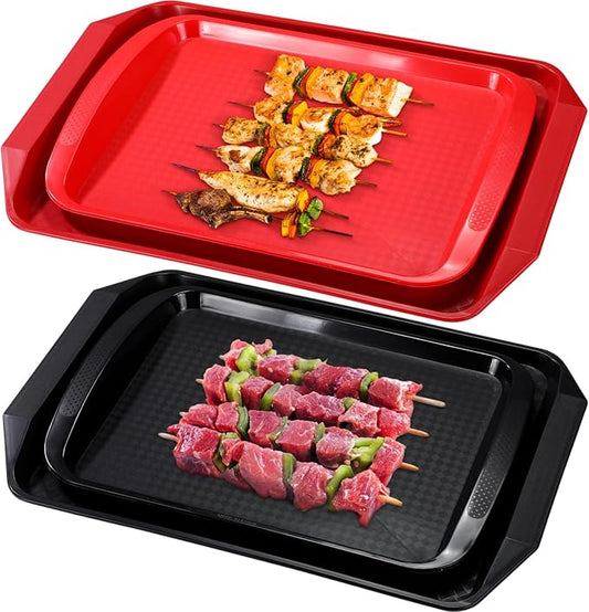 Set of 4 Grill Prep Trays 17x12 Inch 14x10 Inch Large Grill Tray for Cooking Meat Thawing Tray BBQ Serving Plastic Platter, Black Red Stackable Defrosting Grill Prep and Carry System