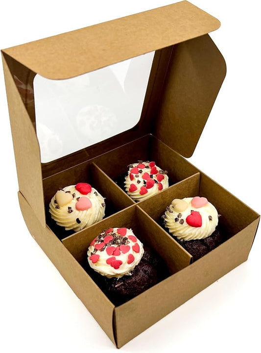 Treat boxes with window and dividers | 4 MEDIUM compartments | 6 x 6 x 2.4 in | Valentine treat boxes, baked goods packaging, box for cookies, pastry packaging | 24-pack (Kraft)