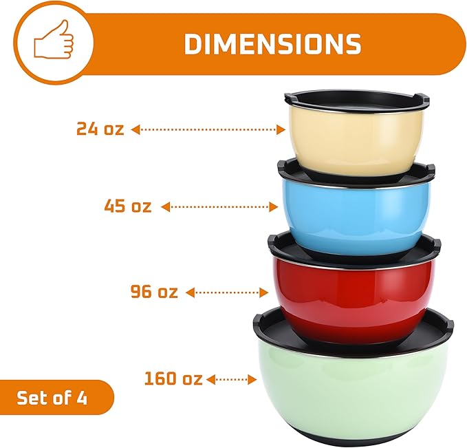 Bruntmor Double Wall Stainless Steel Mixing Bowls with Airtight Lids (Set of 4) Nesting Bowls for Space Saving Storage - Non-Slip Bottoms for Stability - Mixing Bowl Set For Cooking