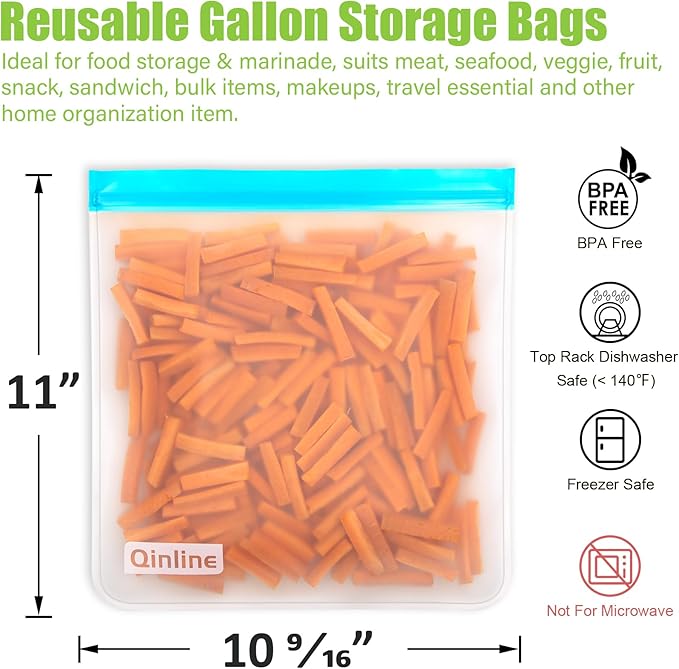 Reusable Gallon Food Storage Bags - 10 Pack Reusable Gallon Freezer Bags, Extra Thick Leakproof Silicone & Plastic Free Reusable Lunch Bag for Marinate Meats, Sandwich, Snack, Travel