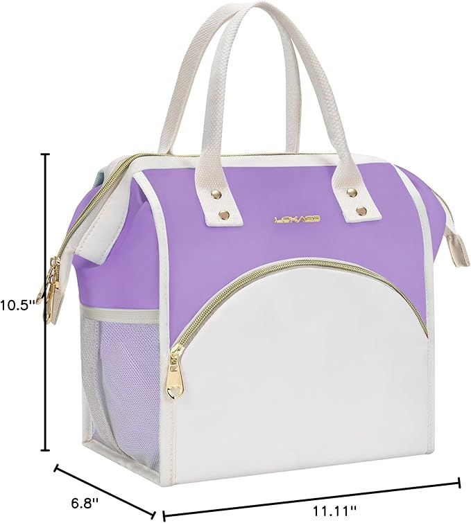 LOKASS Lunch Bag Women Insulated Lunch Box, Wide-Open Lunch Tote Bag Leak-proof Cooler Bag for Work Picnic-（Light Purple）