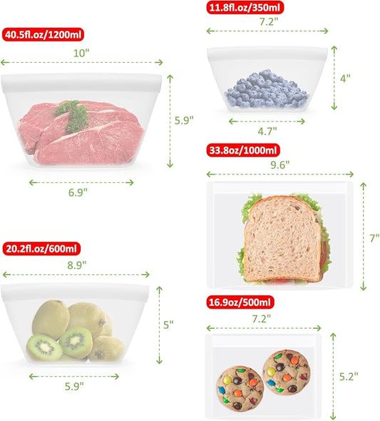 Reusable Silicone Food Storage Bags - 100% Food Grade BPA-Free, Freezer/Microwave/Dishwasher Safe | Stand-Up Zip Closure, Leakproof Eco-Friendly Meal Prep Containers (3 Pack Stand-up & 2 Pack Flat)