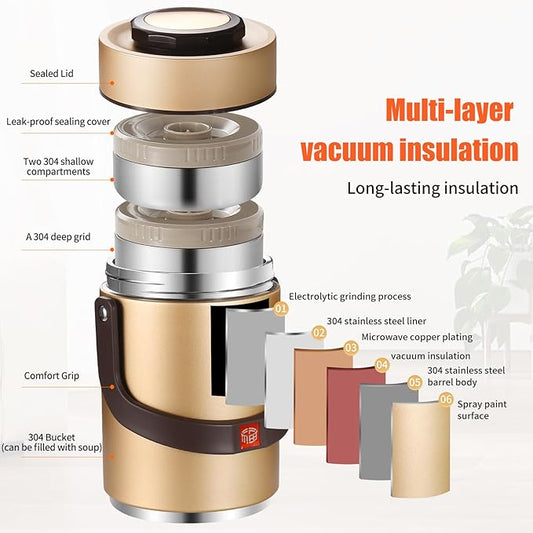 67 Oz Adults Stainless Steel Vacuum Soup Thermos For Hot Food with Inserts Stackable Bento Box and Lunch Bag,Width Mouth Portable Nsulated Food Jar Lunch Container (golden, 67 oz)