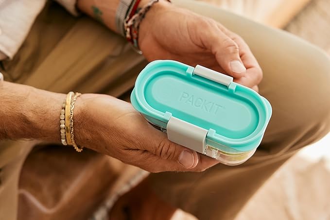 PackIt Mod Mini Bento Food Storage Container, Mint, Shatterproof Crystal Clear Base, with Leak-resistant Divider and Lid, Microwavable, Dishwasher Safe, Designed for Snacks On the Go, 1 Cup Capacity