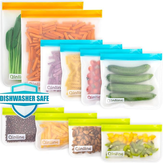 Reusable Food Storage Bags - 10 Pack Freezer Bags, Reusable Bags Silicone, EXTRA THICK Leakproof Reusable Lunch Bag for Salad Fruit Travel - 2 Gallon 4 Sandwich 4 Snack Bags