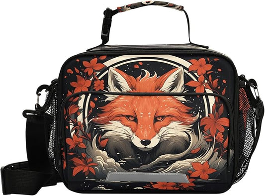 MNSRUU Student Lunch Bag Fox and Flowers Insulated DinnerTotes Picnic Bag Lunch Box with Adjustable Shoulder Strap for Teen Kids Adults