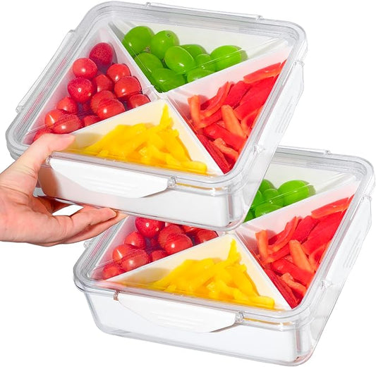 2Pack Veggie Tray With Lid for Fridge Organizer Bins Divided Snackle Box Container with 4 Compartments for Party Serving Platter, Fruit Tray with dip, Snack Storage, Reusable Meal Prep