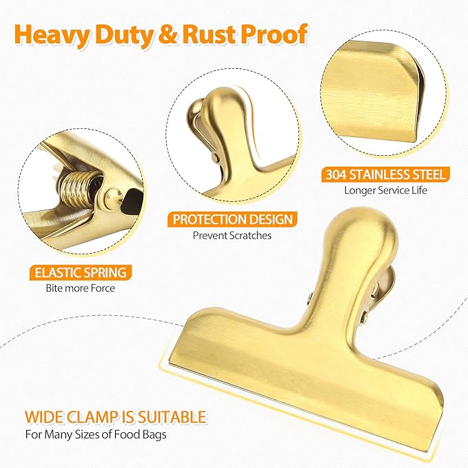 Pack of 8 Heavy Duty Metal Bag Clips, Stainless Steel, Tightly Seals Chip, Coffee, Bread or Cereal Bags to Keep Food Fresh, for Home, Kitchen, Office, Pantry, Camping (Gold)