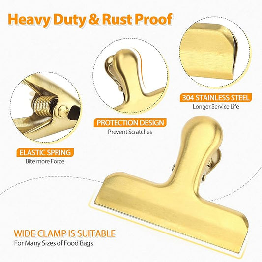 Pack of 8 Heavy Duty Metal Bag Clips, Stainless Steel, Tightly Seals Chip, Coffee, Bread or Cereal Bags to Keep Food Fresh, for Home, Kitchen, Office, Pantry, Camping (Gold)