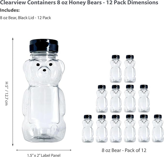 12 Pack of 8 Ounce Honey Bears with Sealable Black Flip Top Lids (8 oz. Bear, 12pk, Black)