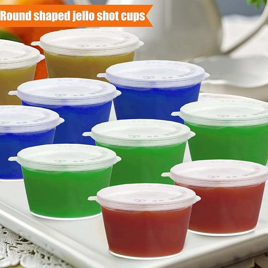 50 Sets 1 2/3 oz Round Shaped Jello Shot Cups with Lids, Small Condiment Containers, Disposable Portion Cups, Plastic Souffle Cup, Mini Sample Tasting Dipping Sauce Cup To Go Bowls, Clear