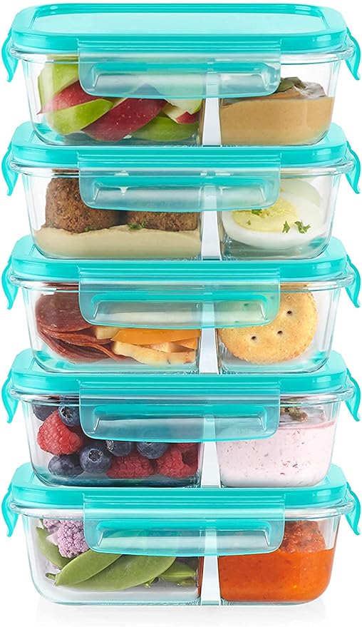 Pyrex Mealbox 10-Pc Bento Box Set, 2.3-Cup Divided Glass Food Storage Containers Set, Non-Toxic, BPA-Free Latching Lids, Freezer, Microwave and Top-Rack Dishwasher Safe