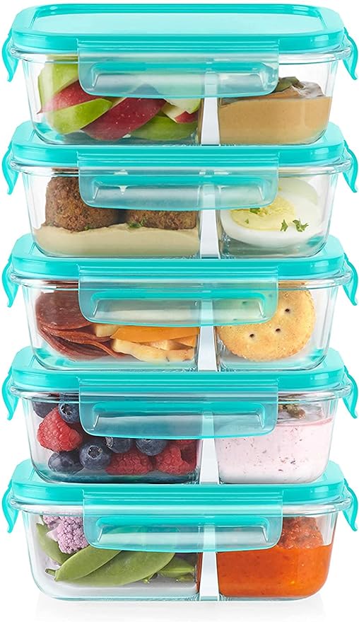 Pyrex Mealbox 10-Pc Bento Box Set, 2.3-Cup Divided Glass Food Storage Containers Set, Non-Toxic, BPA-Free Latching Lids, Freezer, Microwave and Top-Rack Dishwasher Safe