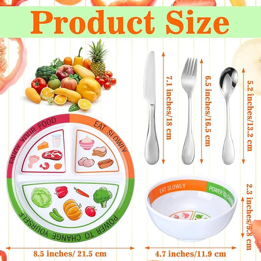 6 Pcs Bariatric Portion Control Set with 3 Bariatric Plates 3 Portion Control Bowls and Stainless Steel Flatwares for Adults Diet Balanced Eating Weight Loss Serving Plans (Colorful)