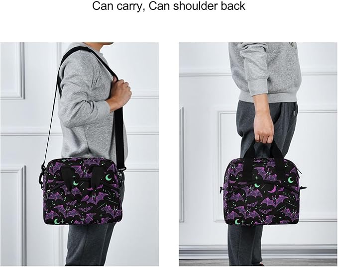 MNSRUU Insulated Lunch Bag Neon Purple and Bats Stars and Moons Women Men Fabric Dinner Tote Cooler Bag Reusable Leakproof Lunch Box with Adjustable Shoulder Handles Strap For Work School
