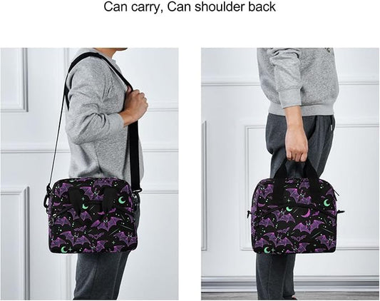 MNSRUU Insulated Lunch Bag Neon Purple and Bats Stars and Moons Women Men Fabric Dinner Tote Cooler Bag Reusable Leakproof Lunch Box with Adjustable Shoulder Handles Strap For Work School
