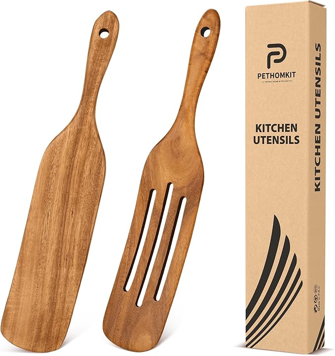 Teak Wood Sourdough Bread Baking Supplies,13.2” Wooden Spatula Spoons Utensil Set for Cooking, Skinny Spurtles for Sourdough Starter Jar Reaching, Mixing, Stirring Spreading Essentials Tools,2 Pcs