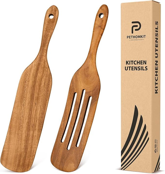 Teak Wood Sourdough Bread Baking Supplies,13.2” Wooden Spatula Spoons Utensil Set for Cooking, Skinny Spurtles for Sourdough Starter Jar Reaching, Mixing, Stirring Spreading Essentials Tools,2 Pcs