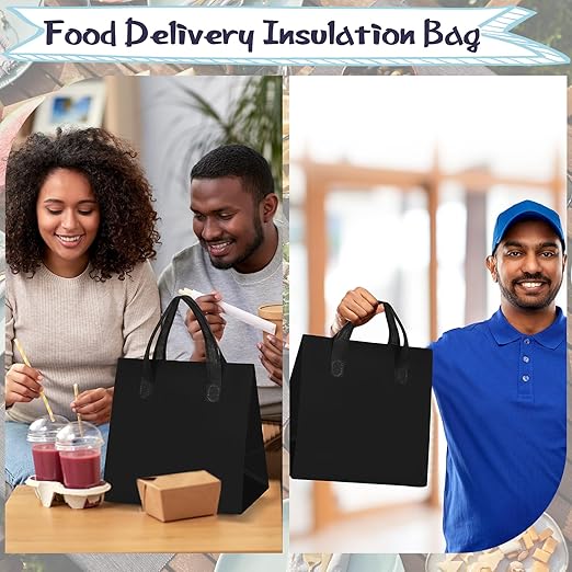 Kacctyen 100 Pcs Insulated Take Out Bags Bulk 9.5 x 6 x 9.5 in Thermal Insulation Food Bag for Coffee, Milk Tea, Hot Cold Food, Delivery Cooler Bag for Catering Restaurant Grocery Picnic (Black)