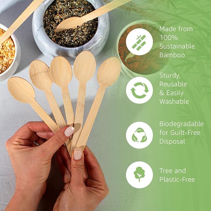 100% Bamboo Spoons Set - Biodegradable Silverware (100 Small Bamboo Spoons) | Reusable or Disposable Party Cutlery | Compostable FSC Certified Flatware for Weddings, Camping, Parties