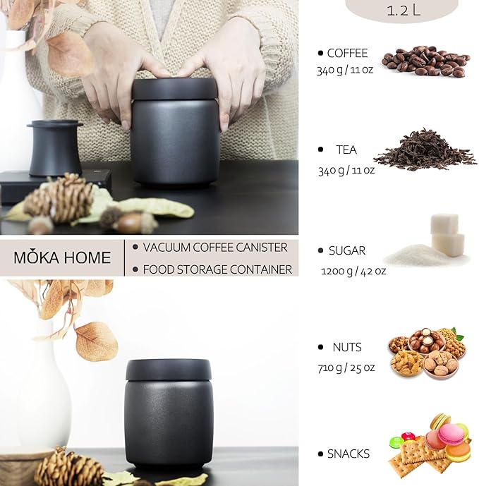 Stainless Steel Vacuum Coffee Canister | Food Storage Container | Airtight Storage Containers | Press Out Excess Air Preserve Food Freshness | 1.2L Coffee Containers Holds 11 oz of Coffee Beans