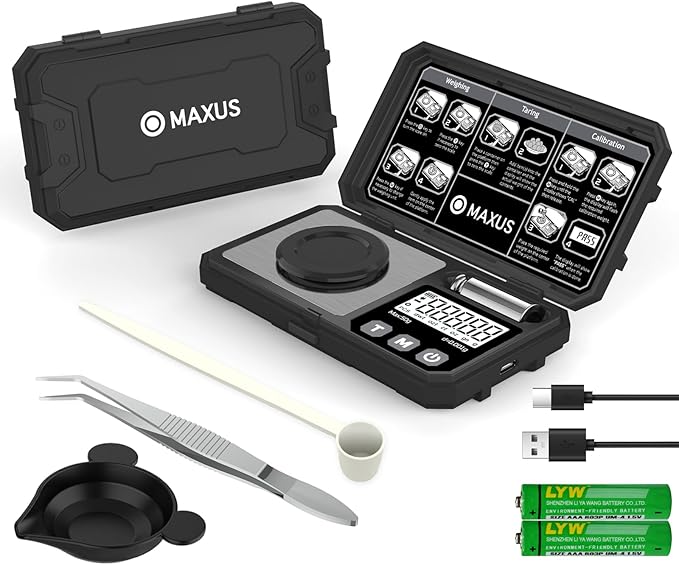 MAXUS Milligram Scale 50g/0.001g, Compact Mg Scale with 50g Calibration Weight, Black Powder Scale for Reloading, Includes a Scoop, a Powder Pan, a USB Cable and Tweezers