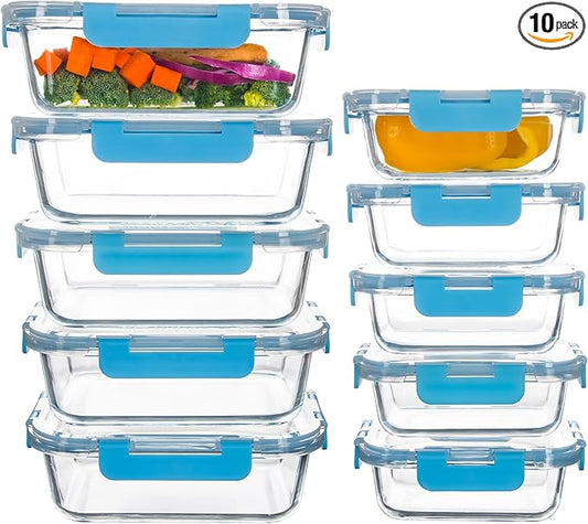 10 Pack Glass Food Storage Containers with Airtight Lids, Ideal for Meal Prep, Lunches - Microwave and Dishwasher Safe, Blue