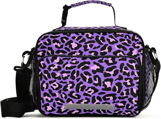 MNSRUU Student Lunch Bag Neon Purple And Pink Leopard Insulated Lunch Totes Picnic Bag Lunch Box with Adjustable Shoulder Strap for Teen Kids Adults