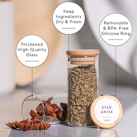 Laramaid 4oz 20Pack Spice Jars with Minimalist Spice Labels, Round Jar Canisters with Polished Bamboo Lids, Adjustable Measuring Spoon, Black Pen, Cleaning Brush & Collapsible Silicone Funnel