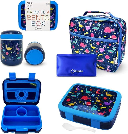 Bento Lunch Box for Kids with Stainless Steel Thermal Food Jar for Hot Food Soup, Insulated Lunch Bag and Ice Pack Set, Lunch Container Boxes with 4 Compartments, Blue Rocket Dinosaur