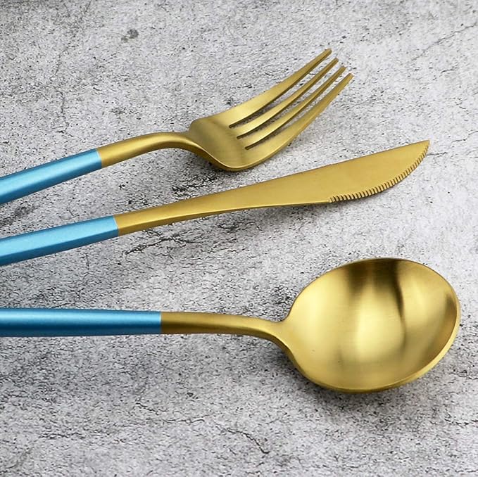 20-Piece 18/10 Stainless Steel Flatware Silverware, Luxury Dinnerware Set Travel Cutlery Tableware Include Knife Fork Spoon Service for 4, Dishwasher Safe (Blue Handle Matte Gold)