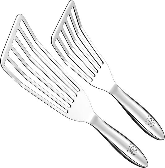 Stainless Steel Fish Spatula Set – 1 Large + 1 Small Metal Spatula for Kitchen, Perfect for Flipping Fish, Pancakes, Eggs & More, Slotted Design, Essential Stainless Steel Kitchen Utensils Set