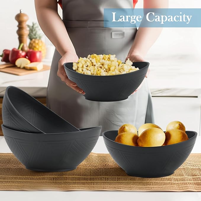 65 OZ Large Bowls Set Wheat Straw Bowls Set 4 PCS, Unbreakable Salad Bowls Reusable Mixing Bowls Set Microwave & Dishwasher Safe Kitchen Bowls for Salad, Cereal, Soup and Oatmeal (Black)