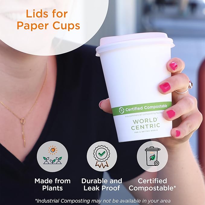 World Centric Compostable Cup Lids 10-20 oz - Made from Plants, Leak-Resistant - 200 Pack