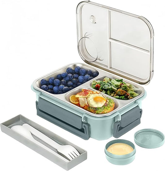 Stainless Steel Bento Lunch Food Box Container, Metal Bento Lunch Box Container for Kids or Adults with Lockable Clips to Leak Proof (Green)