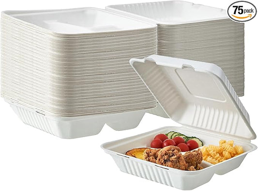 [9X9 3-Compartment 75-Pack Bio Natural Clamshell Take Out Food Containers with Lids, Disposable Bagasse Togo Plates, Eco-Friendly Biodegradable Made of Sugar Cane Fibers