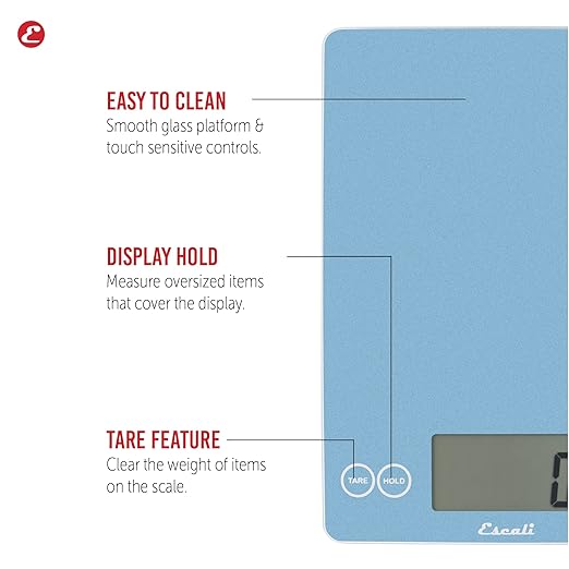 Escali Arti Digital Food Scale, Multi-Functional Kitchen Appliance, Precise Weight Measuring and Portion Control, Baking and Cooking Made Simple, Tempered Glass, Sky Blue