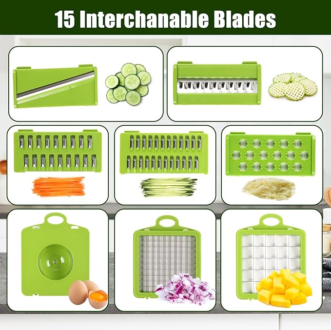 16 in 1 Vegetable Cutter and Mandolin Slicer - versatile food cutter, stainless steel blade, large container and - manual onion, garlic and salad cutter for kitchen use