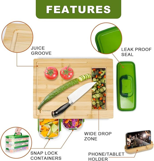 Bamboo Cutting Board with Containers, Large Smart Cutting Board Set with Stackable Containers, Built-in Graters and Locking Lid, Meal Prep Station, Chopping Board Set, Housewarming Gifts