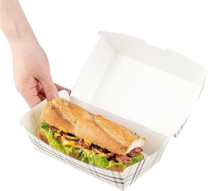 Restaurantware Bio Tek 6.7 x 3.5 x 3.5 Inch Clamshell Food Containers 100 Disposable Sandwich Containers - Hinged Lid Tab-Lock Closure Plaid Paper Hot Dog Containers Durable Greaseproof