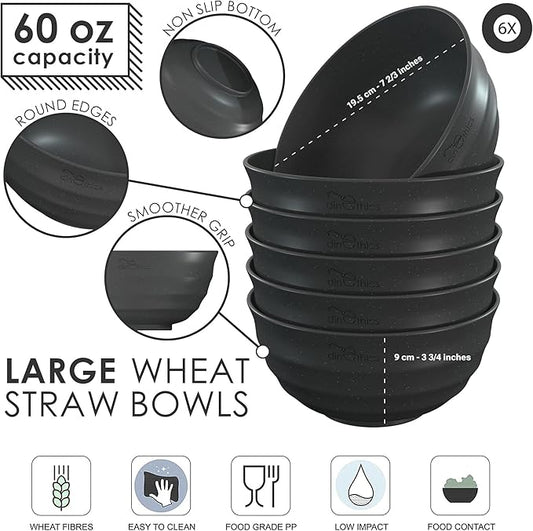 Wheat Straw Black Bowls 60 OZ - Deep & Big DishwasherSafe Microwavable Bowls set of 6 - Large Cereal bowls - Large Soup Bowl For Eating - PHO Bowl For Ramen, Rice, Breakfast, Salad, Snacks